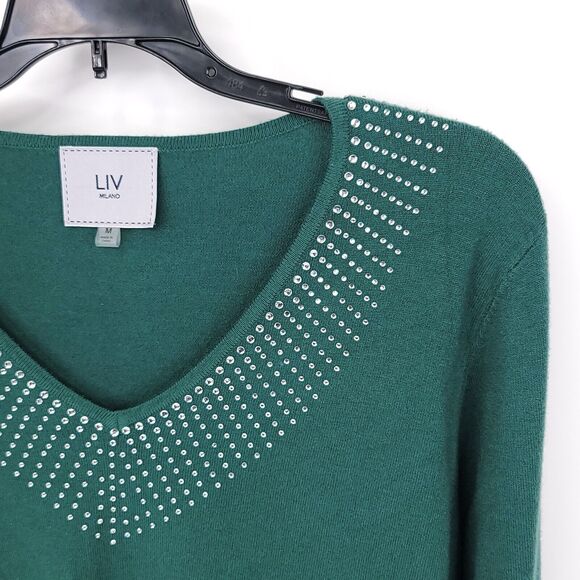 Liv Milano Sweater Womens Medium Rhinestone V Neck Pullover Stretch Top Soft - Picture 4 of 9